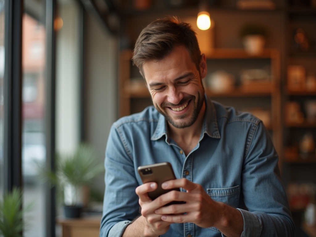 Ondernemer bekijkt zijn nieuwe website op zijn telefoon